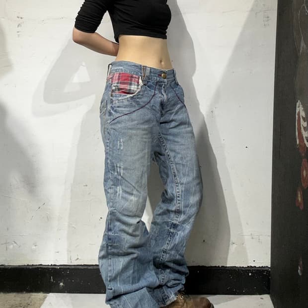 빈티지 오일케이크 연청 와투케 그런지 워싱 와이드 데님 팬츠 청바지