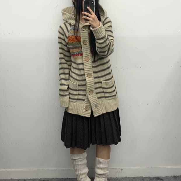 모리 스트라이프 후드 가디건