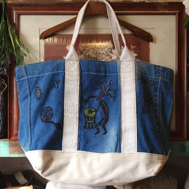 핸드 드로잉 빅사이즈 캔버스 데님 토트백 빈티지 더플백 리메이크 아프리카
