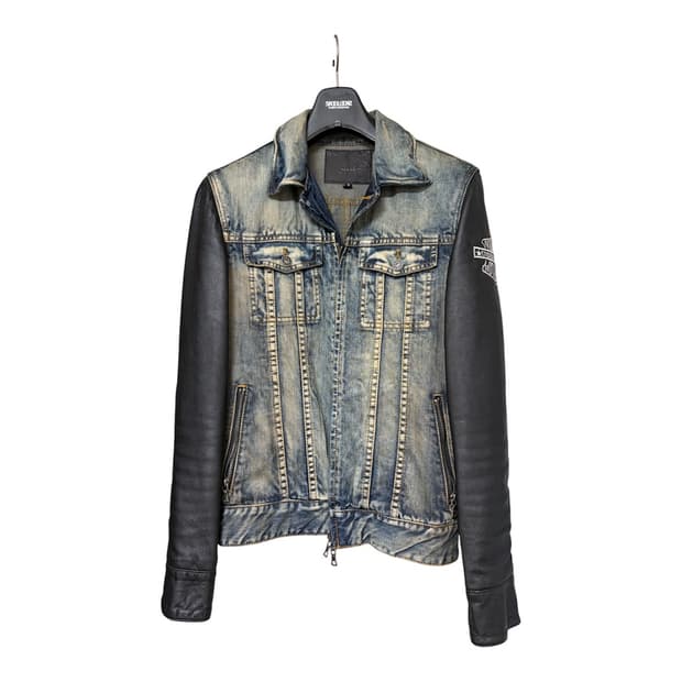 no id leather arm denim jacket