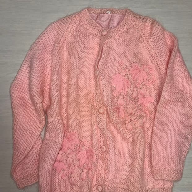 빈티지 자수 모헤어 분홍색 니트 가디건