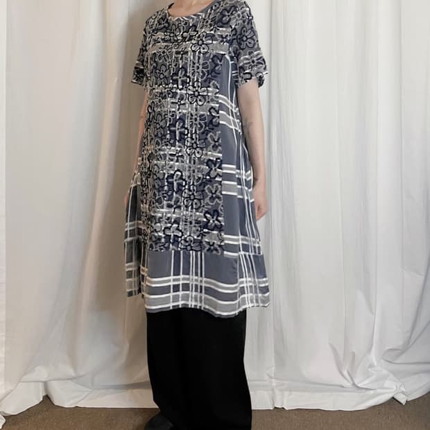 Sheer Flower Check Dress - Navy