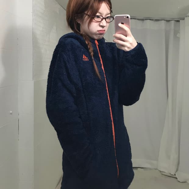 아디다스 네이비 오렌지 롱 후리스 후드 집업 자켓