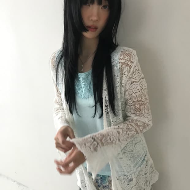 Lace Embroidery Punching Long Knit Cardi