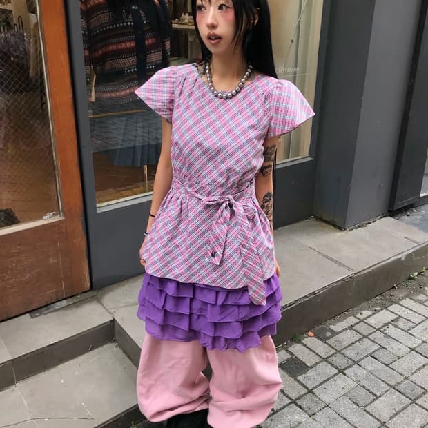 버버리 핑크 체크 퍼프 블라우스