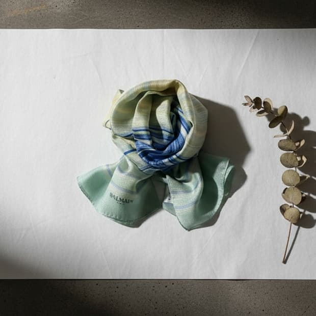 BALMAIN 발망 실크 스트라이프 롱 스카프 (민트/블루)