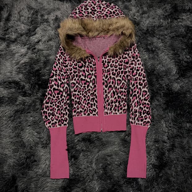 핑크 크롭 레오파드 퍼 후드집업