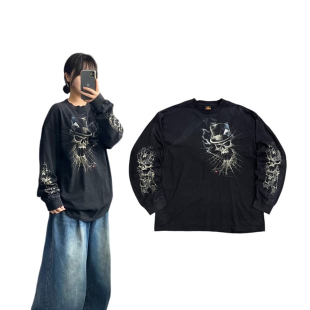 USA 스컬 해골 스파이더 웹 롱슬리브