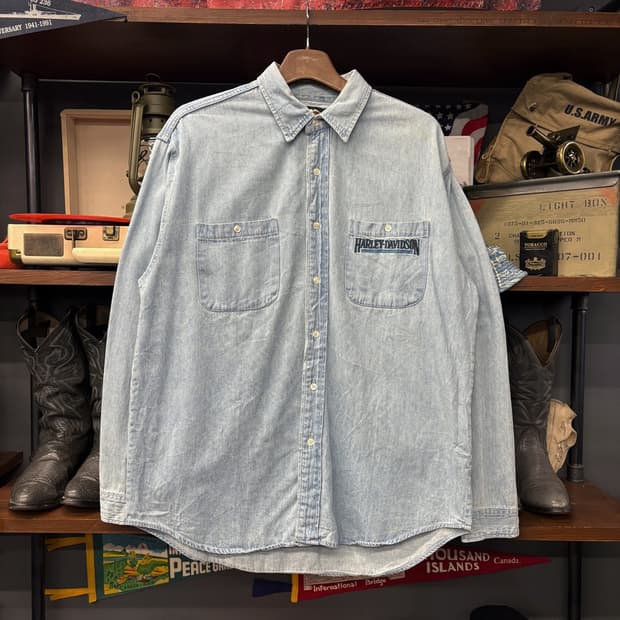 90s 할리데이비슨 클래식 워크 데님셔츠 레터링 패치포켓 N735