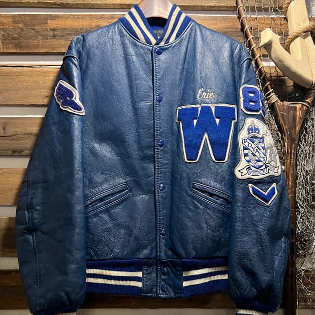 [M]80's Made in USA 블루 리얼 레더 바시티 자켓