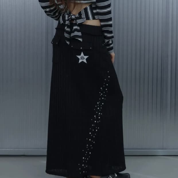 셋업이엑스이 니트 스터드 롱스커트