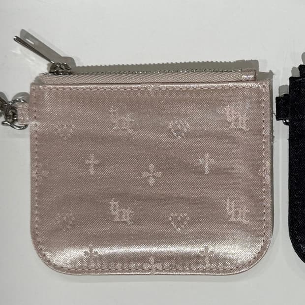 쓰리타임즈 자카드 체인 지갑 핑크