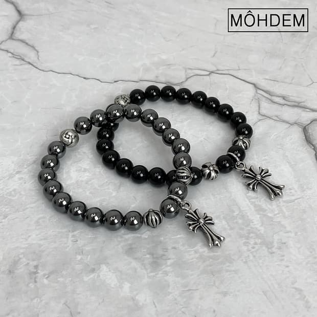 [Unisex] 크로스 원석 비즈 팔찌 실버