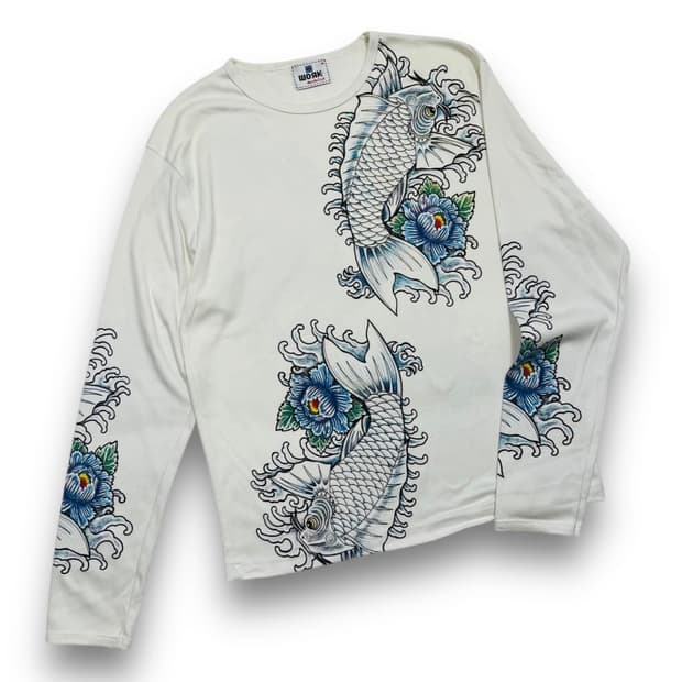 오리엔탈 워크 타투 잉어 이레즈미 화이트 롱 슬리브