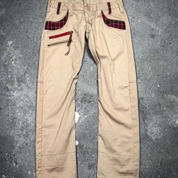 Brown Check Double Belt Pants