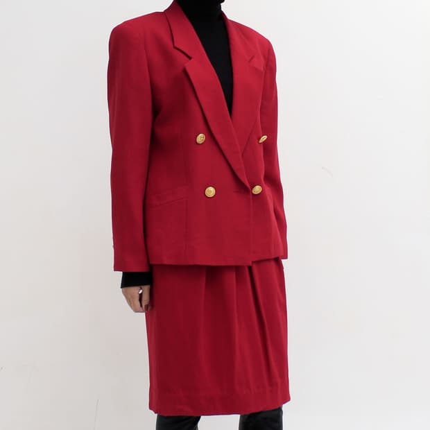 일본 빈티지 레드 써머 울 골드 더블버튼 자켓 미디 스커트 셋업 세트