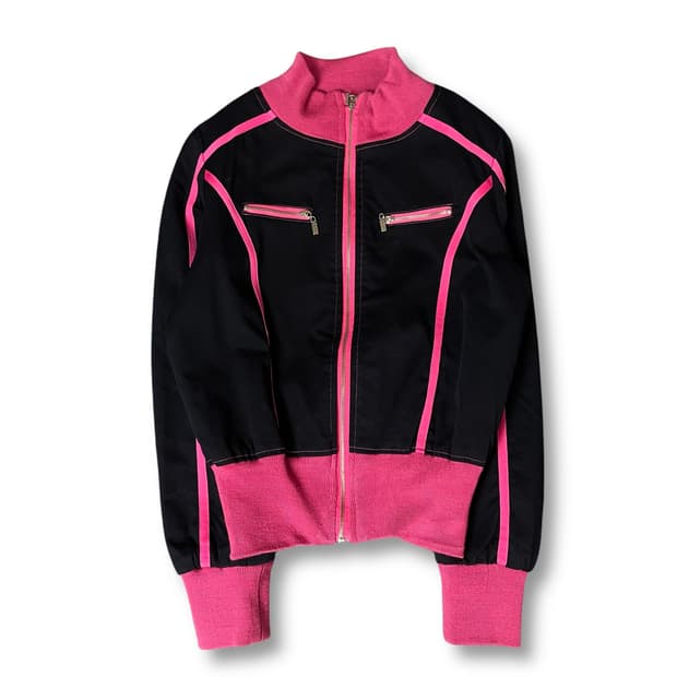 빈티지 블랙 핑크 투포켓 크롭 집업