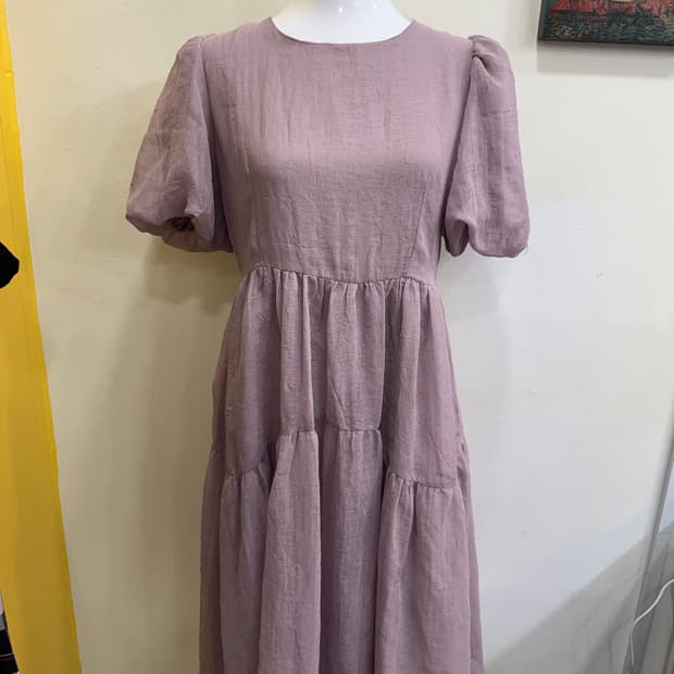 vtg 라일락 퍼프 린넨 롱원피스