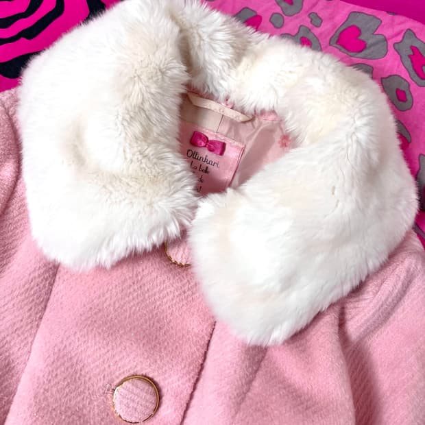 히메 로맨틱갸루 대장 흰핑 딸기우유 핑크 퍼 트리밍 코트 핀터깔 라떼갸루