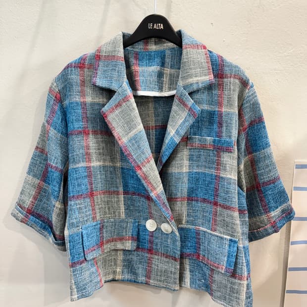 vintage 린넨 체크크롭 자켓