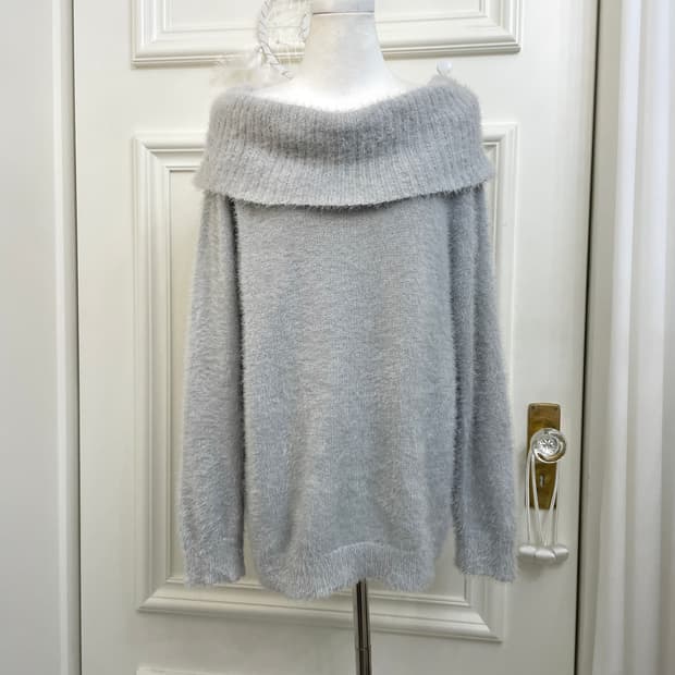 fog blue shaggy off-shoulder over sweate