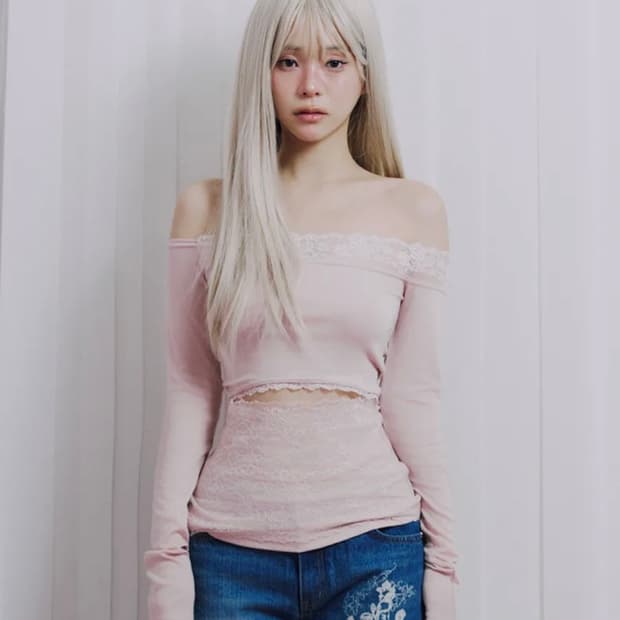 [택달린 새상품]일리오 핑크 레이스 오프숄더 롱슬리브발레코어히메갸루페어리