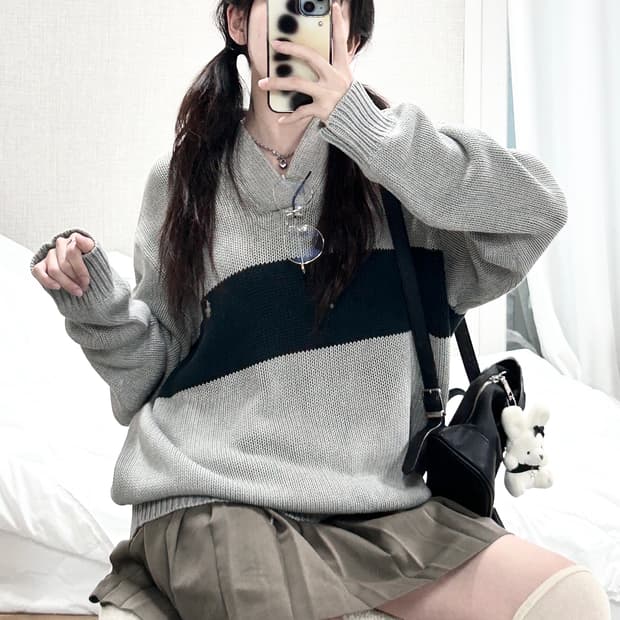 폴로스포츠 그린배색 그레이 숄카라 니트