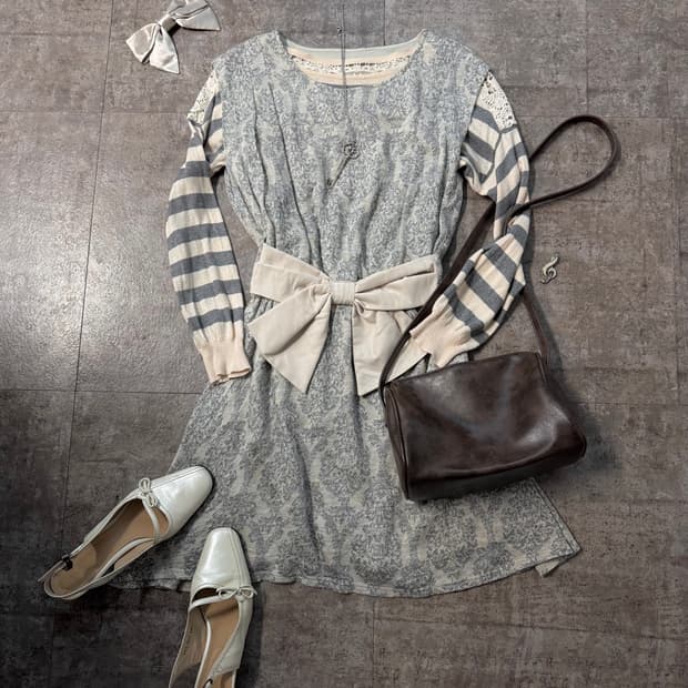 리본 웨이스트 레이스 니트 원피스 2pcs SET