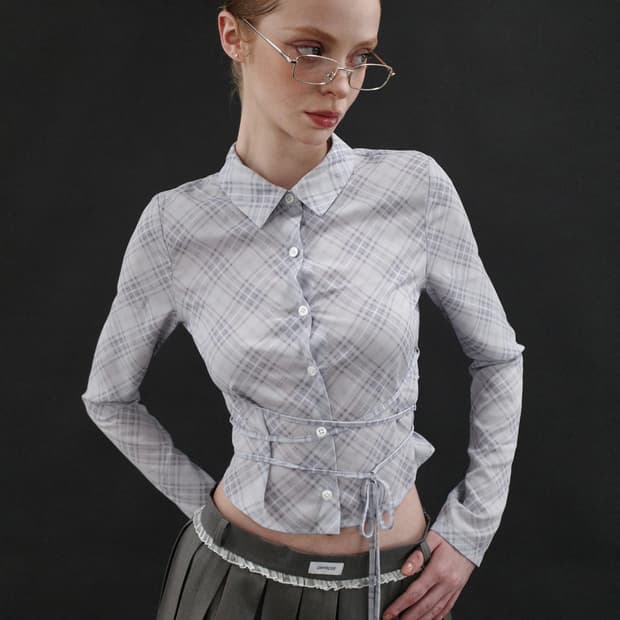 dryrose check string blouse 드라이로즈 체크 셔츠