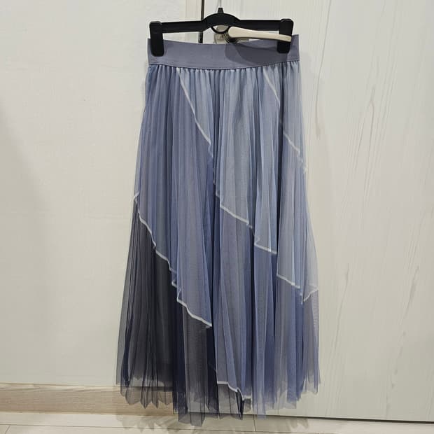 허리밴딩 플리츠 샤 롱 스커트 (블루, 핑크)