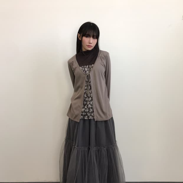 Jpn Brown Grey Ruffle Trim Layered Top