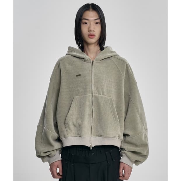 아조바이아조 코듀로이 숏 집업 후드 애쉬카키 L