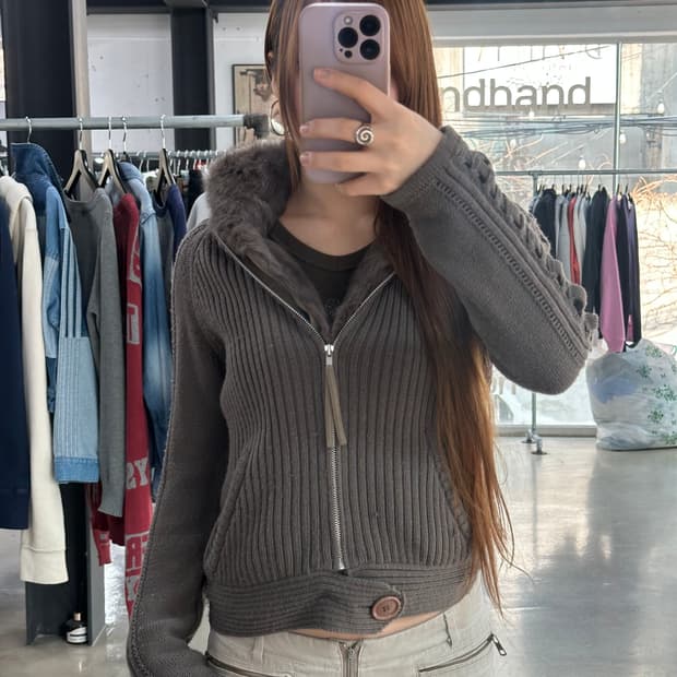 빈티지 Y2k 양털 버튼 리브드 니트집업