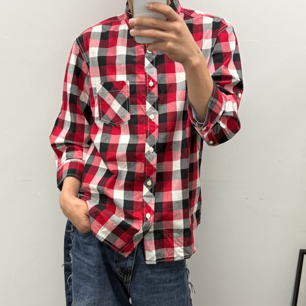 노네임 레드 7부체크셔츠