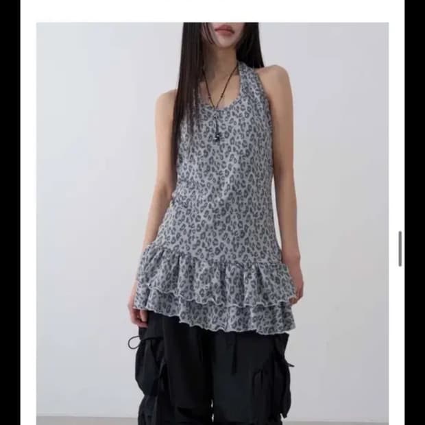 로웨어 레오파드 홀터넥 원피스 레이어드