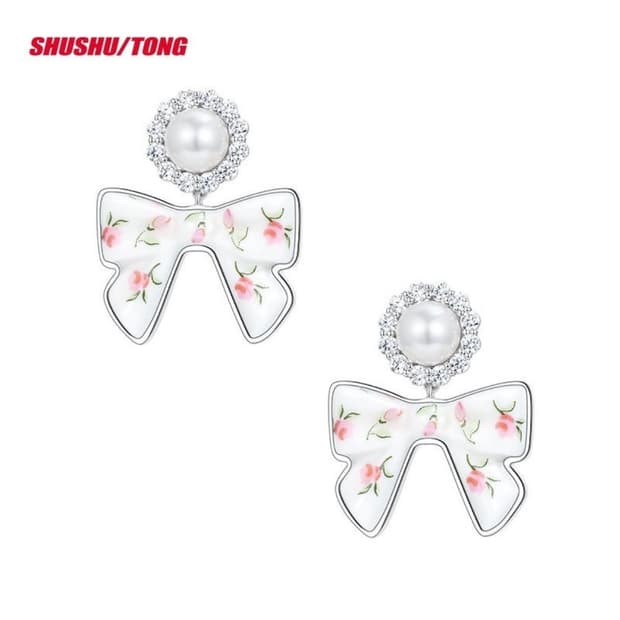 구함))슈슈통X위민 콜라보 양면 리본 목걸이 세라믹 진주 리본 이어링