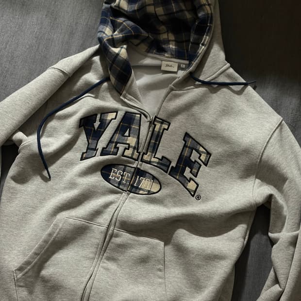 예일 투톤아치 체크 후드 집업