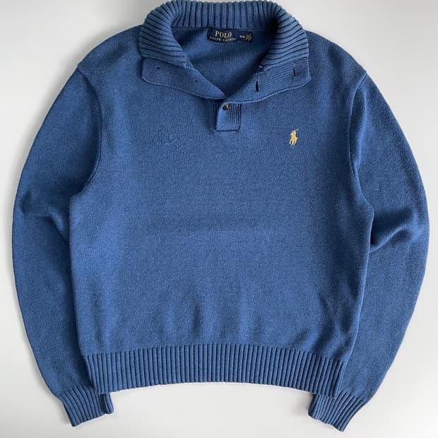 Polo  폴로 랄프로렌 자수 블루 코튼 버튼 반집업 니트
