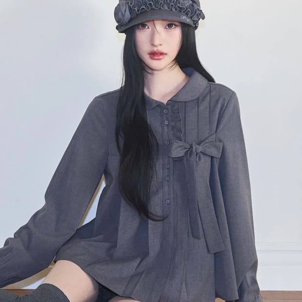 일리고 리본 플리츠 블라우스 그레이 OS