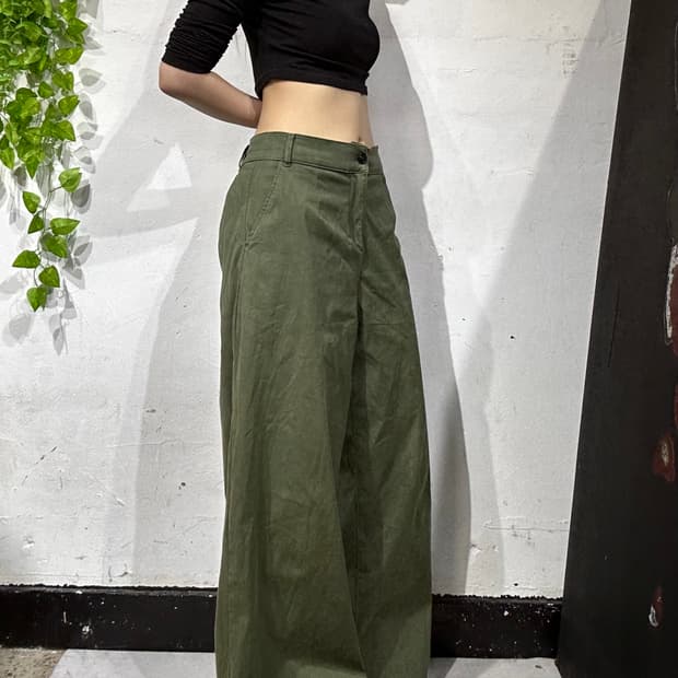 일본 빈티지 카키 하카마 와이드 팬츠 L