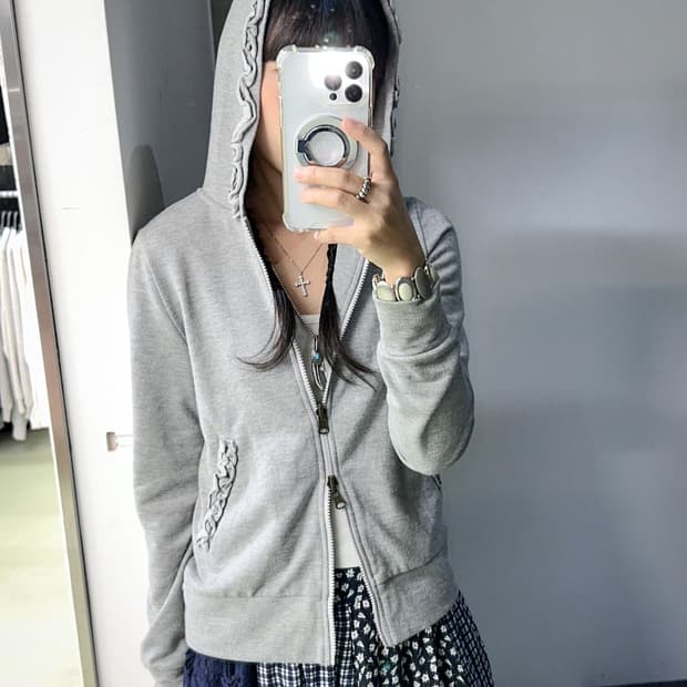frill point gray cotton zip hoody