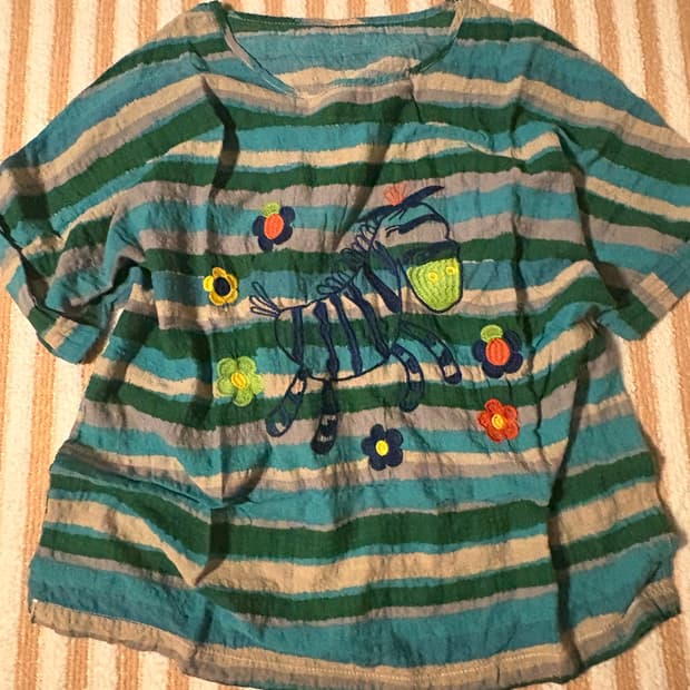 일본 빈티지 얼룩말 자수 반팔 줄무늬 히피