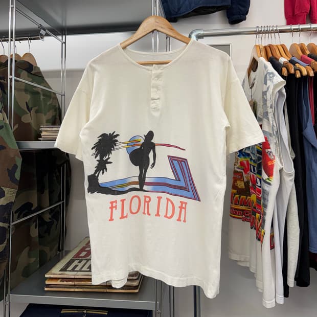 80s 빈티지 헨리넥 싱글스티치 티셔츠 made in USA (L)