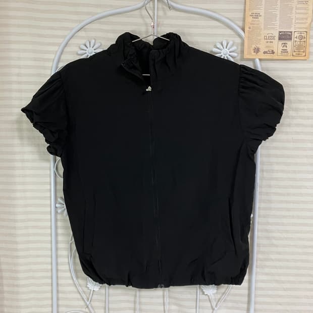 빈티지 블랙 나일론 셔링 집업 반팔 900 y2k 스트릿 모리 갸루 일본