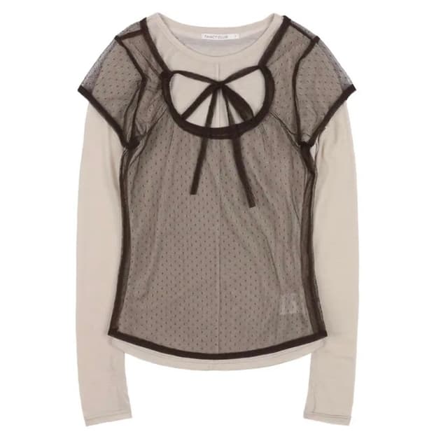 택O 새상품)) 팬시클럽 도트 레이어드 롱슬리브 베이지