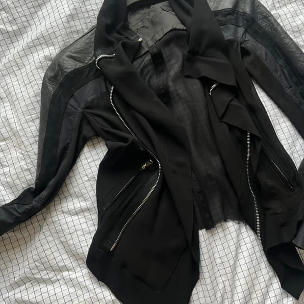 릭오웬스 블랙 가죽 시폰 시스루 자켓