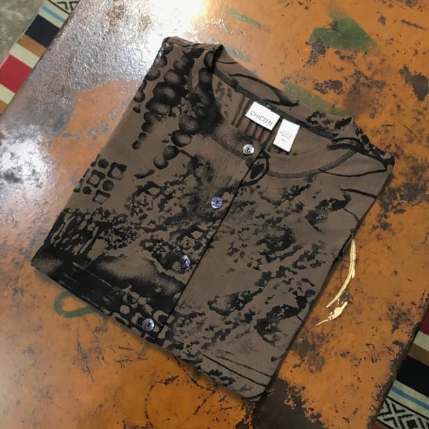 VTG 빈티지 브라운 프린팅 라운드넥 시스루 블라우스 여성 55 66