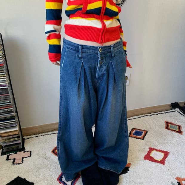 denim wide tuck pants