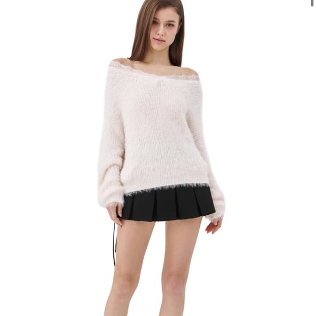 클리시어 블러쉬 레이스 오프숄더 니트 검정 블랙