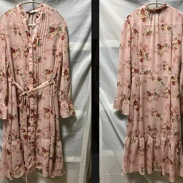 헤지스 핑크 플라워 쉬폰 미디원피스